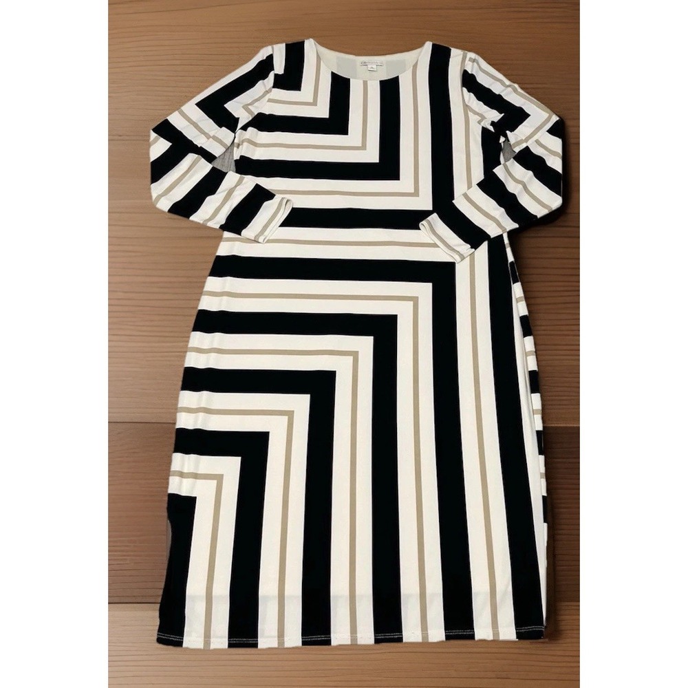 Cato Geometric Print Long Sleeve Midi Dress Womens Size XL Black‎ White Khaki - Picture 3 of 8